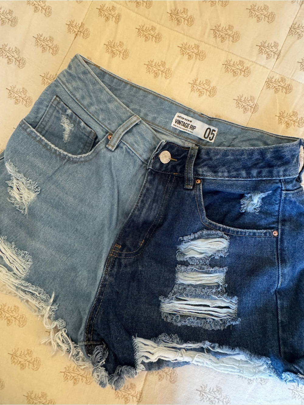 Two-Tone Distressed Festival Shorts - Light & Dark Blue